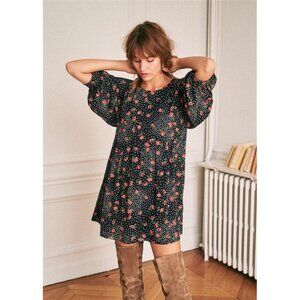Sezane navy ecru fleurs pois Grace smock dress